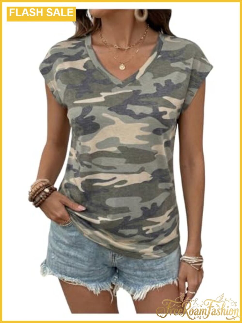 Women's Camo V Neck Cap Sleeve T-Shirt Casual Summer Tee